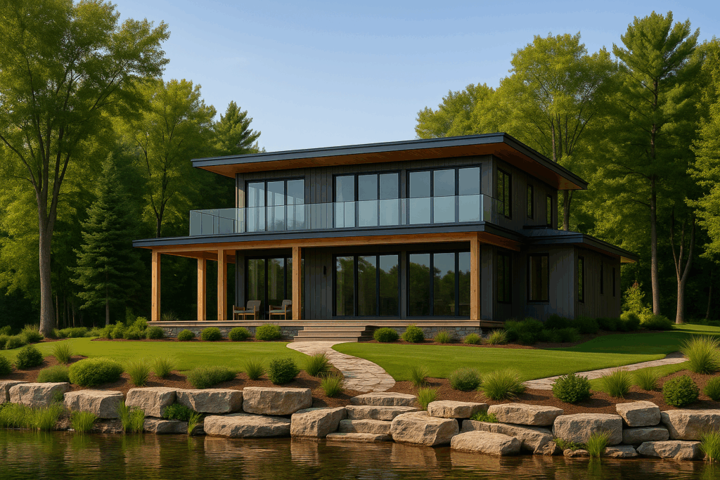 Modern lakeside cottage with flat roof, full glass balcony railing, floor-to-ceiling windows, and wood accents—designed by ConstructionX, custom home builders in Haliburton.