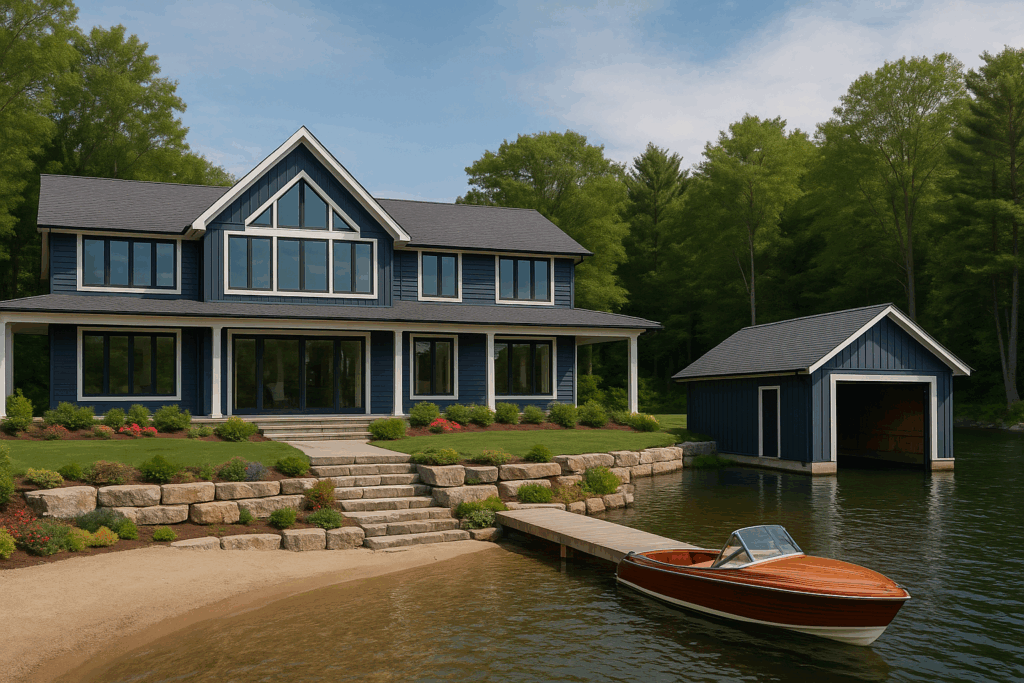 Sustainable custom cottage on lakefront lot in Ontario with wood siding and modern design