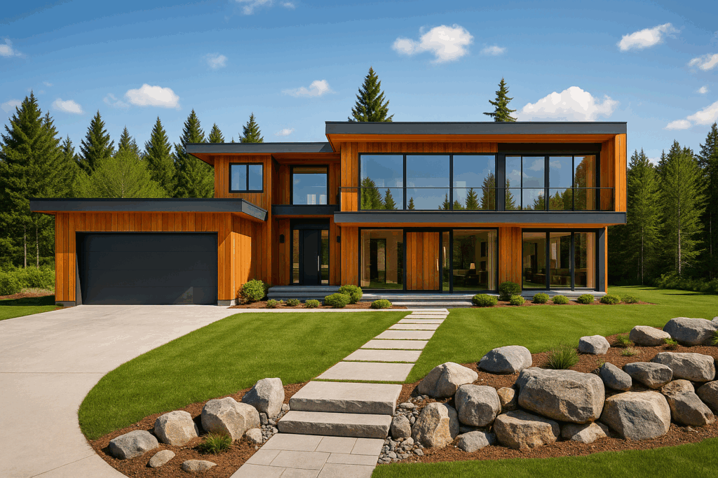 Modern two-story custom home with central entrance, large glass windows, concrete driveway, and armour stone landscaping in Kawartha Lakes.