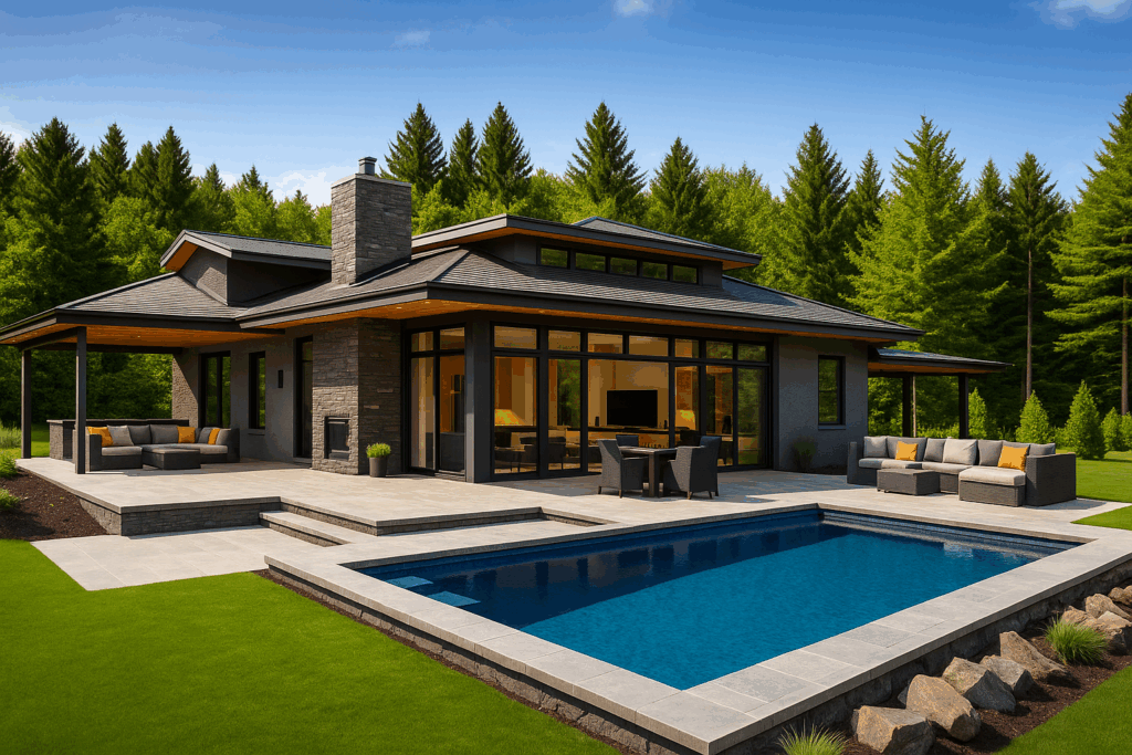 Modern one-story home with dark stone, light gray stucco, and poolside patio surrounded by lush forest, designed for luxury living in Kawartha Lakes.