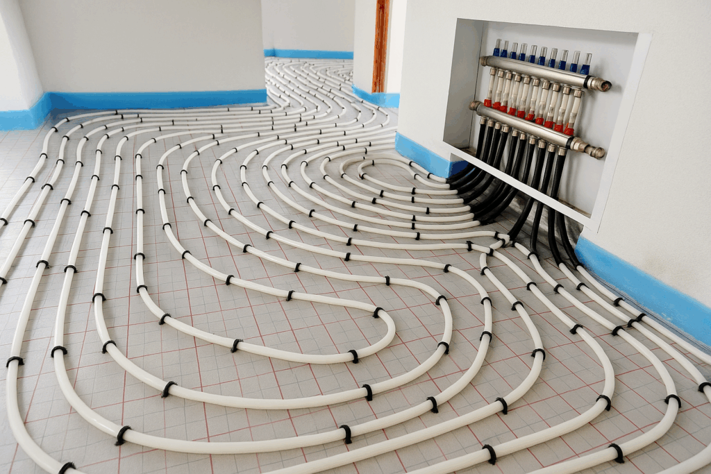 Radiant floor heating system with PEX tubing and manifold, installed during custom home construction in Kawartha Lakes by ConstructionX.