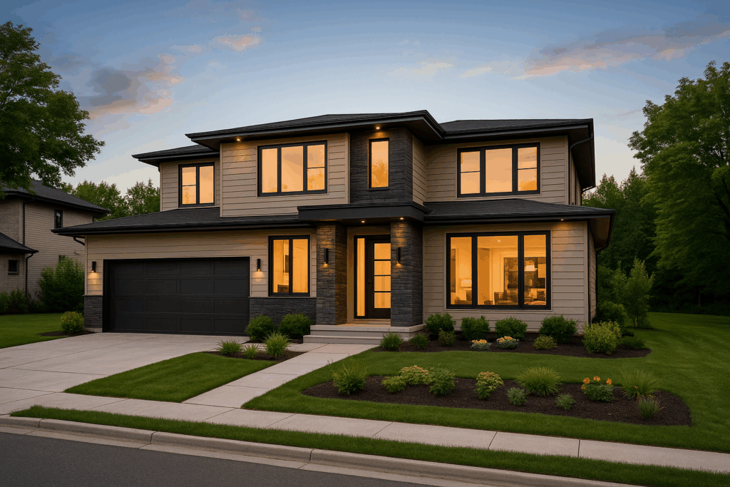 Modern rural custom home designed by leading custom home builders in Peterborough, featuring beige tones, black trim, and dark stone accents.