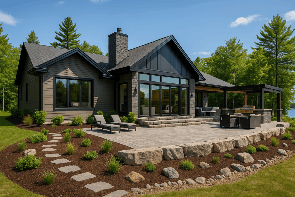 Modern lakefront cottage with grey siding, dark stone, and armour stone patio, built by custom home builders in Peterborough.