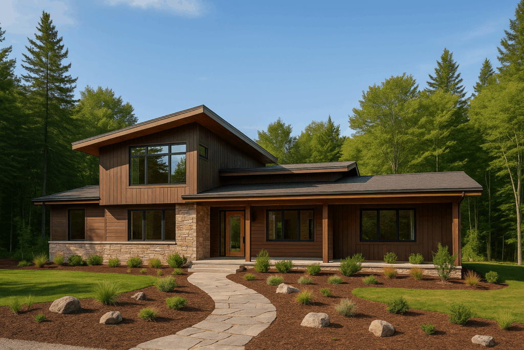 Contemporary two-story home with single-slope roof, earth-tone finishes, and landscaped stone patio built by custom home builders in Peterborough.