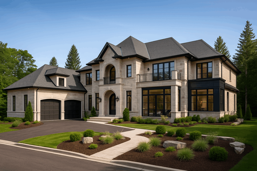 Luxury custom home over 5,000 sq ft with elegant design, upscale landscaping, and grand driveway, built by custom home builders in Peterborough.