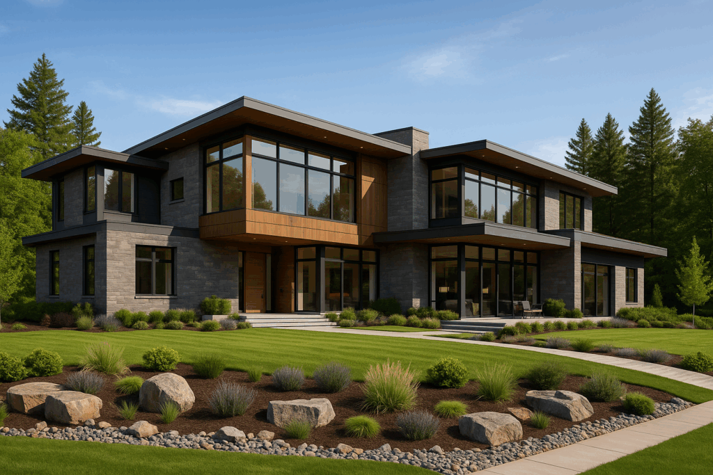 Contemporary 5,000 sq ft custom home with flat roof, large windows, and landscaped yard, designed by custom home builders in Peterborough.
