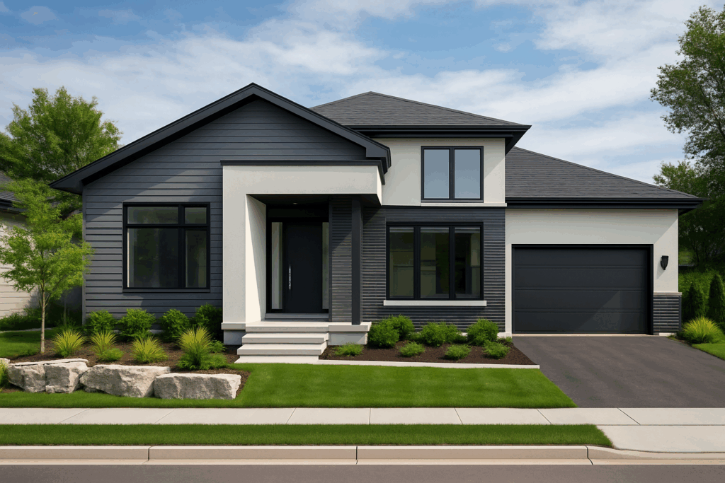 Modern custom home in Lindsay, Ontario with black, white, and grey exterior, Armour stone landscaping, and suburban curb appeal in Kawartha Lakes