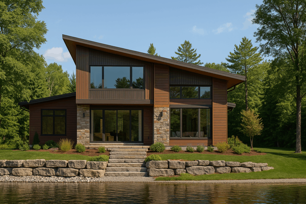 Two-story modern cottage on the water in Fenelon Falls, Ontario with brown steel siding, stone veneer, timber accents, and Armour stone landscaping in Kawartha Lakes
