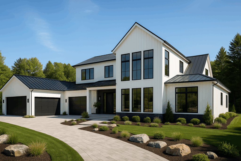Modern 5,000 sq ft custom home with white exterior, black trim, low-slope roof, and landscaped driveway, built by custom home builders in Peterborough.