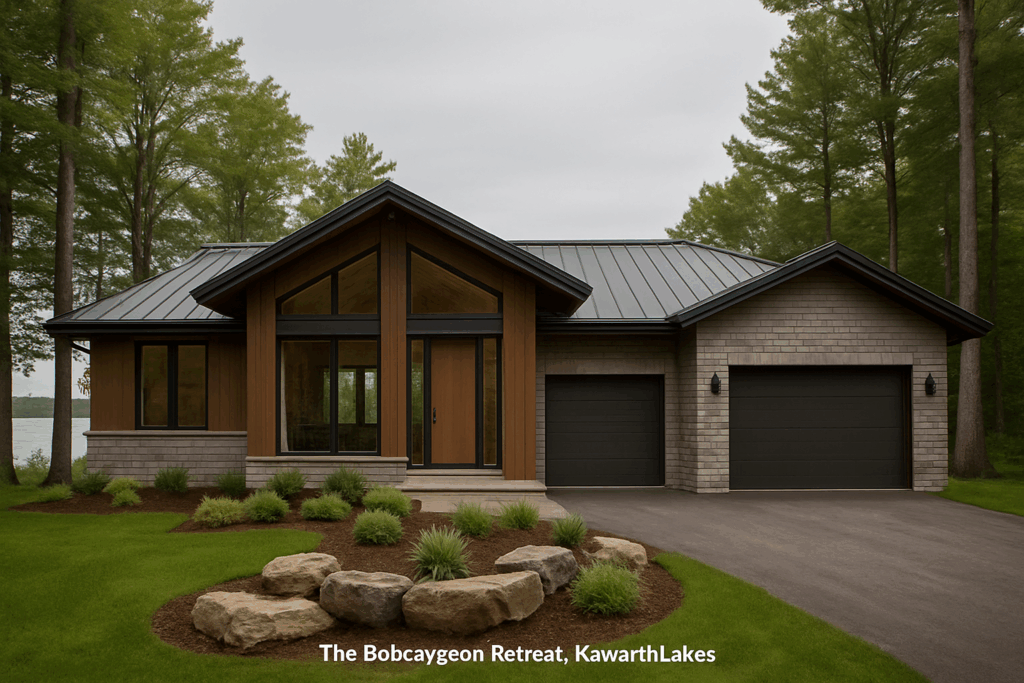 Modern executive-style home in Bobcaygeon, Kawartha Lakes featuring full stone exterior, timber accents, two-car garage, and lakefront setting