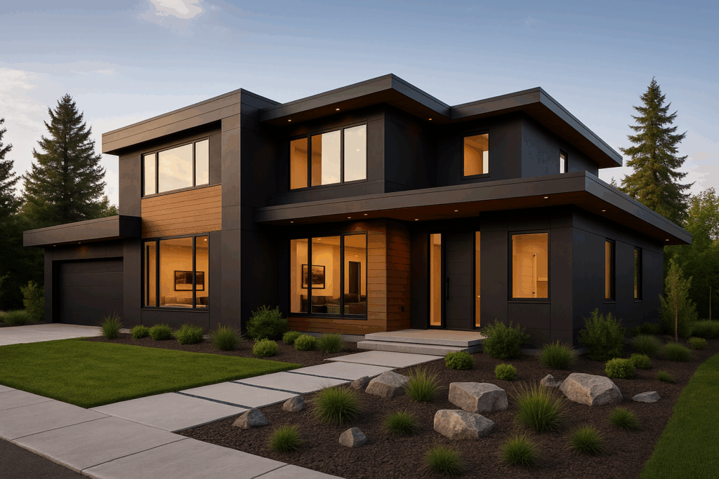 Modern custom home with sleek lines, bold exterior colors, and professional landscaping, Designed by custom home builders in Peterborough.