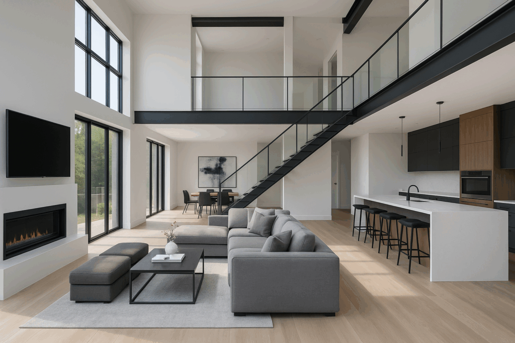 Modern open-concept kitchen and living room with glass railings, catwalk, and steel beam accents, designed by custom home builders in Peterborough.