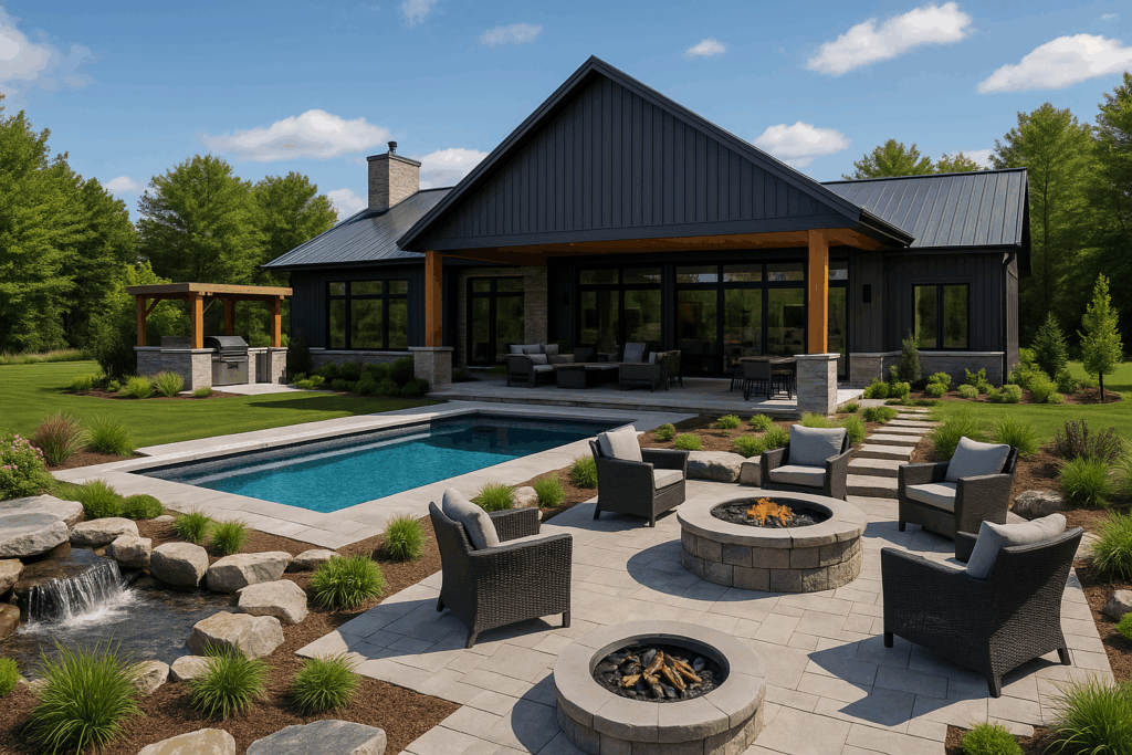 Barndominium with gable roof, landscaped yard, pool, patio, fire pit, water feature, and outdoor kitchen — built by custom home builders in Peterborough.