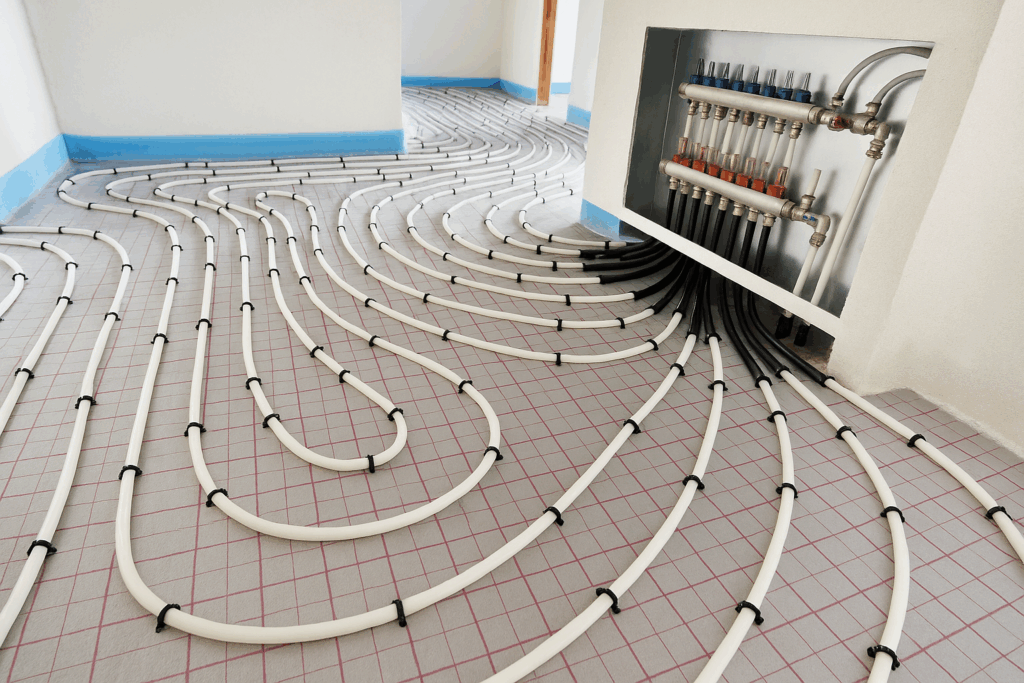 Radiant in-floor heating system installed in a custom home slab, showing tubing layout and manifold—used by ConstructionX, custom home builders in Ontario.