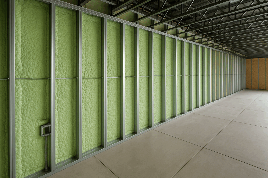 Spray foam insulation applied between steel framing studs in a high-performance wall system—used by ConstructionX, custom home builders in Ontario.