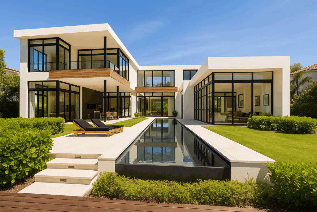 Luxury modern home with large black-framed windows, white exterior, and reflecting pool, inspired by Toronto’s Bridal Path and adapted for Kawartha Lakes living.