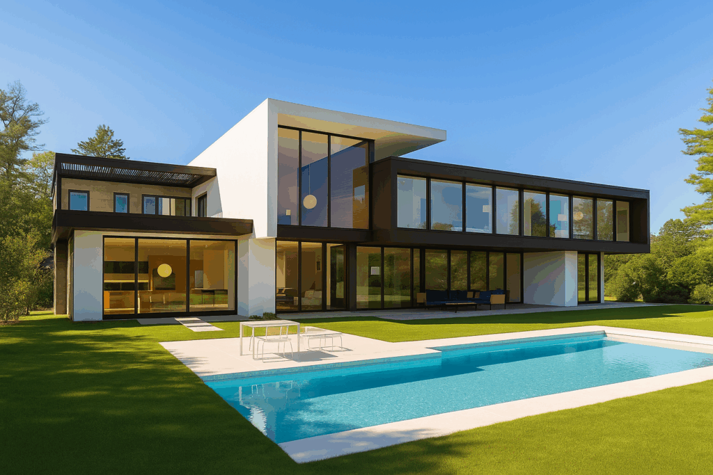 Modern contemporary home with clean lines and poolside design, inspired by Blue Mountain architecture, adapted for Kawartha Lakes living.