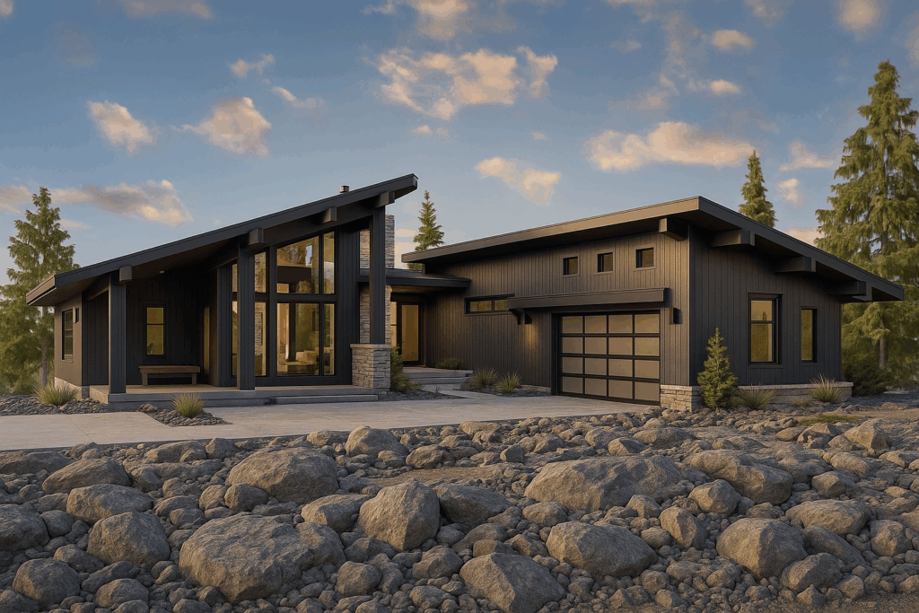 Modern cottage-style home with dark siding, large windows, and Canadian Shield-inspired rocky landscape, adapted for Kawartha Lakes living.
