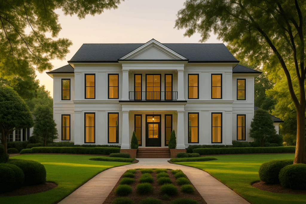 Southern-inspired luxury custom home with white exterior and black trim, designed by ConstructionX—custom home builders in Haliburton.