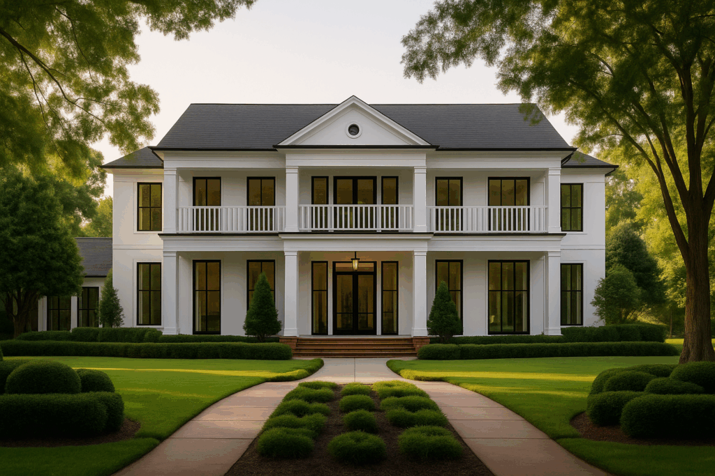 Modern white colonial-style custom home with tall windows, black trim, and symmetrical architecture, built by custom home builders in Ontario.