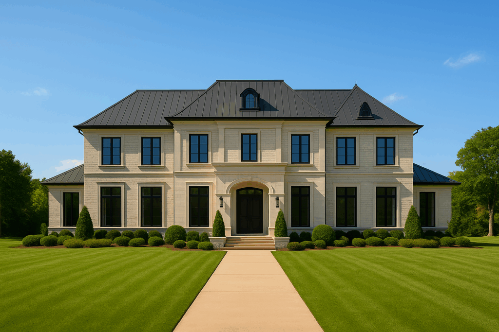Colonial-chateau style luxury estate with beige stone exterior, black windows, and a mansard roof—designed by ConstructionX, custom home builders in Haliburton.