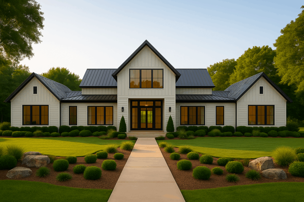 Modern barndominium-style custom home with white vertical siding, black roof, and elegant symmetry—crafted by ConstructionX, custom home builders in Haliburton.