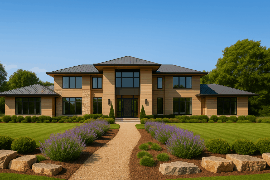 Contemporary winery-style luxury home with earth-tone siding, flat rooflines, large windows, and landscaped lavender gardens—built by ConstructionX, custom home builders in Haliburton.