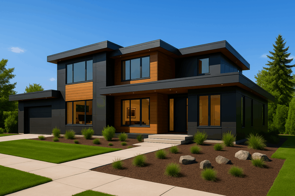 Contemporary flat-roof home with brown wood siding, black ACM panel accents, and minimalist landscaping—designed by ConstructionX, custom home builders in Haliburton.