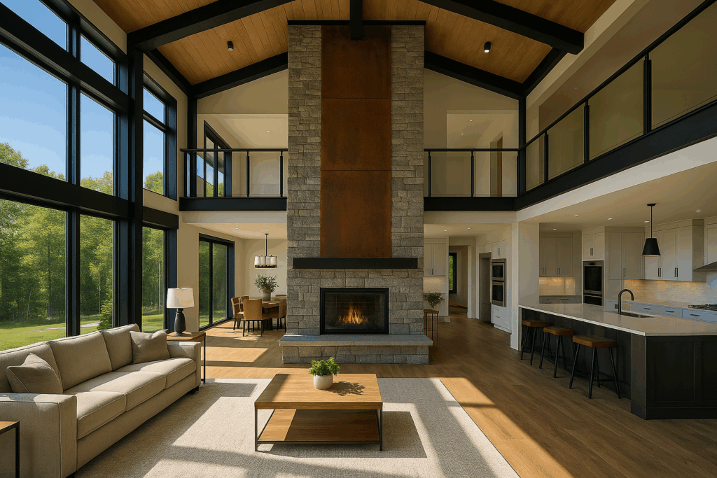 Open-concept modern country interior with stone fireplace, corten steel centerpiece, catwalk with glass railings, and black steel beams—designed by ConstructionX, custom home builders in Haliburton.