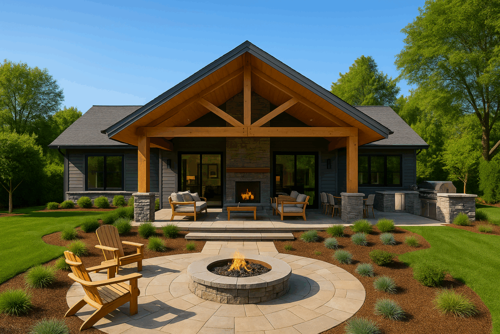 Modern country home with large gable roof over patio, outdoor fireplace, custom stone fire pit, outdoor kitchen, and professionally landscaped yard—by ConstructionX, custom home builders in Haliburton.