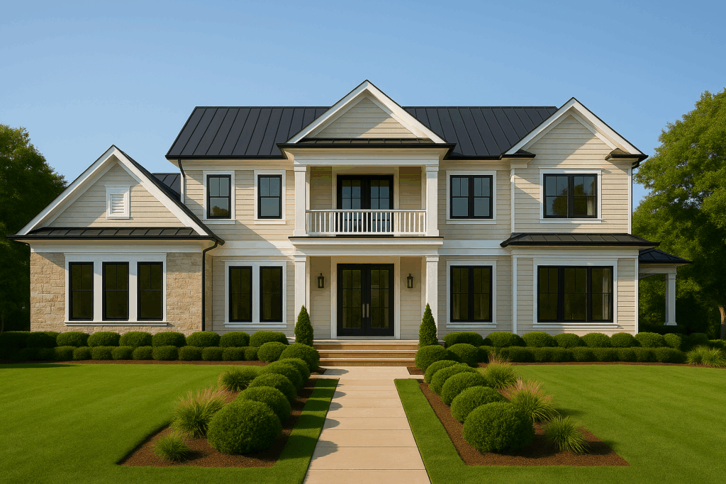 Hamptons-style contemporary custom home with beige siding, white trim, black standing seam roof, and manicured landscaping—built by ConstructionX, custom home builders in Haliburton.