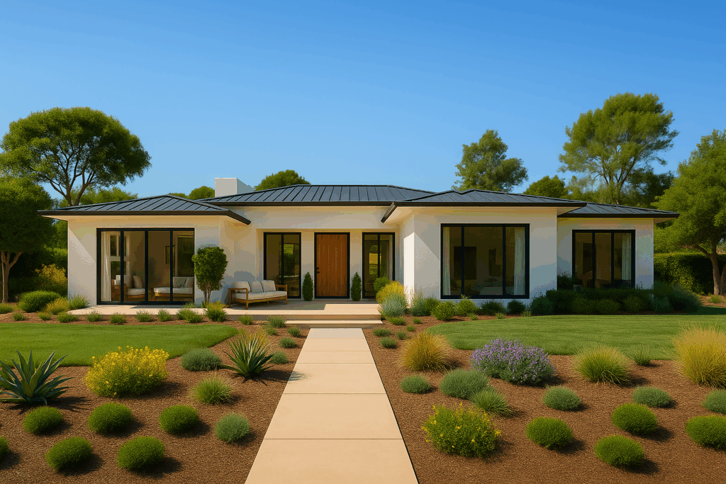 Modern California-style custom home with white stucco, black roof, and minimalist landscaping—designed by ConstructionX, custom home builders in Haliburton.