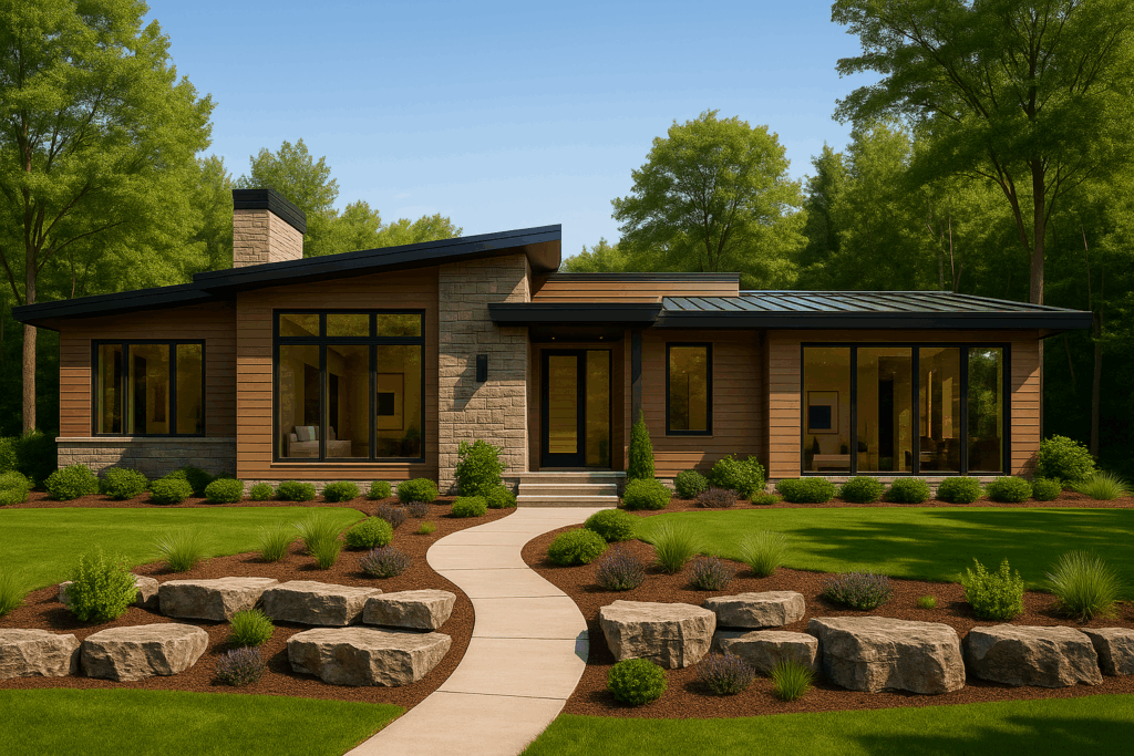 Modern rural home in Haliburton featuring earth-tone siding, stone cladding, black trim, and a single-slope roof—built by ConstructionX, custom home builders in Haliburton.
