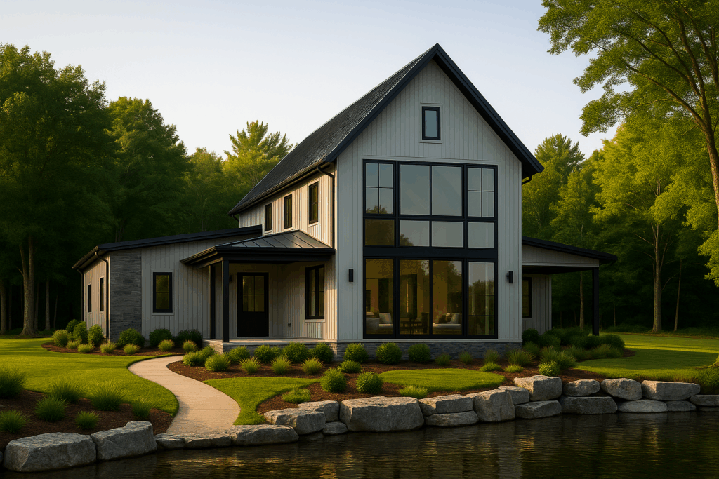 Modern lakefront barndominium with light grey vertical siding, black trim, dark stone base, and large glass windows—designed by ConstructionX, custom home builders in Haliburton.