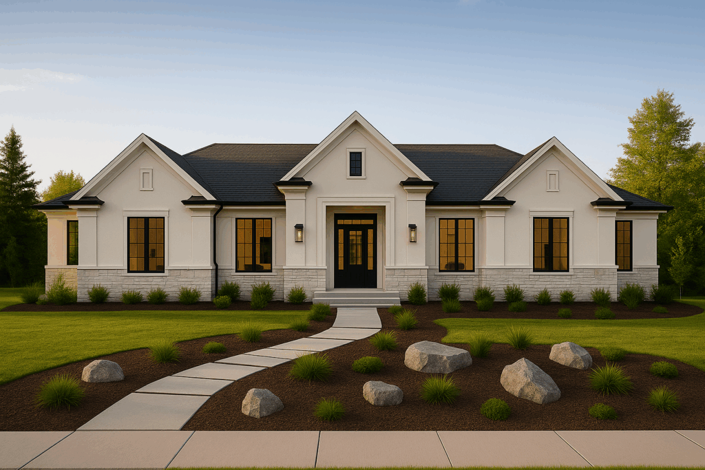 Modern colonial-style bungalow with off-white stucco and stone exterior, black windows, and symmetrical gables—built by ConstructionX, custom home builders in Durham Region.