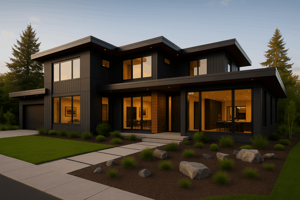Modern Hamptons-style luxury home with flat and single-slope rooflines, dark exterior tones, oversized windows, and minimalist landscaping—built by ConstructionX, custom home builders in Durham Region.