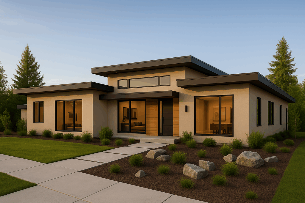 Modern California-style home with flat roof, light earth-tone stucco exterior, dark window trim, and minimalist landscaping—built by ConstructionX, custom home builders in Durham Region.