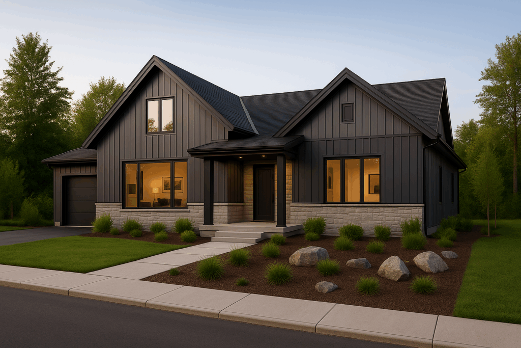 Modern rural home with dark steel siding, light grey stone veneer, single-car garage, and black trim—built by ConstructionX, custom home builders in Durham Region.