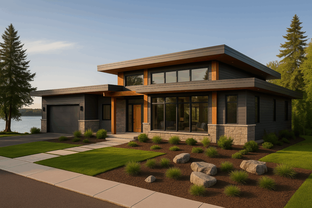 Modern rustic cottage with flat roof, grey steel siding, stone veneer, timber accents, and lakeside landscaping—built by ConstructionX, custom home builders in Durham Region.