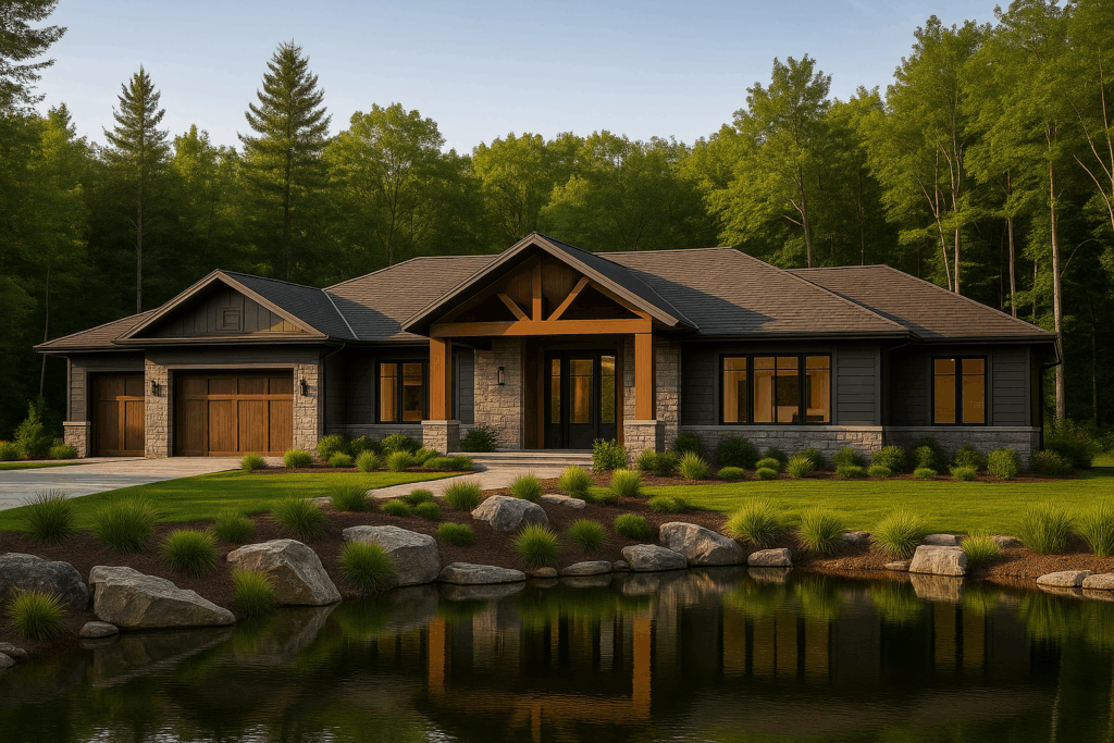Luxury ranch-style home with a mix of dark siding, light stone veneer, timber gables, and a large pond in a wooded setting—designed by ConstructionX, custom home builders in Durham Region.