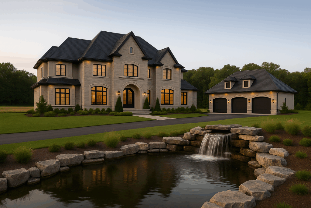 Luxury estate home over 5,000 sq. ft. with limestone façade, grand entry, 3-car detached garage, pond with cascading waterfall, and Armour Stone landscaping—built by ConstructionX, custom home builders in Durham Region.