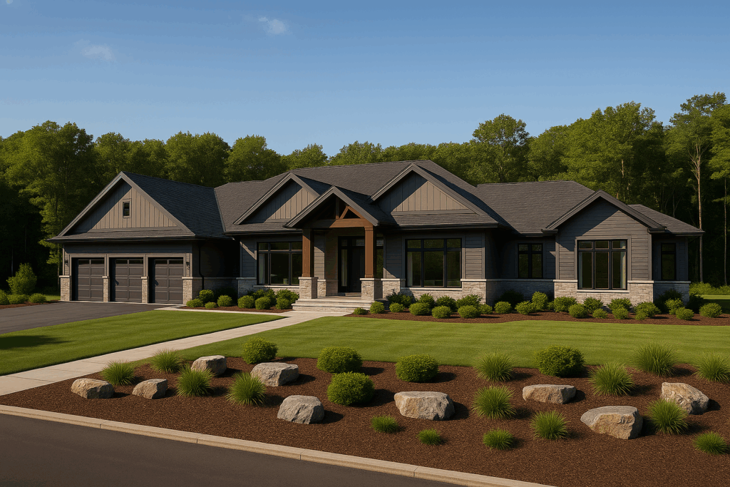 Luxury ranch-style estate home with attached 3-car garage, expansive single-story layout, and professionally landscaped yard—built by ConstructionX, custom home builders in Durham Region.