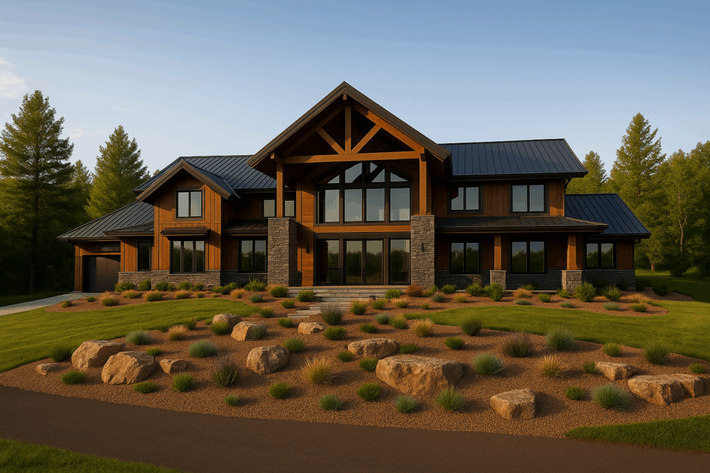 Modern chalet-style estate with expansive glass, flat rooflines, New Mexico-inspired landscaping, and Armour Stone—built by ConstructionX, custom home builders in Durham Region.