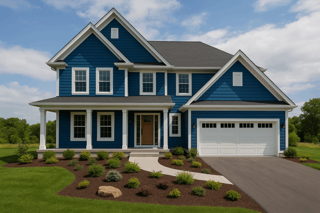 Two-story rural home with vibrant blue siding, white trim, pitched rooflines, and landscaped yard—built by ConstructionX, custom home builders in Durham Region.