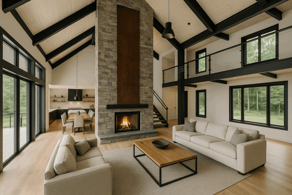 Modern open-concept living space with flat roof design, two-story glass windows, corten steel fireplace, black steel accents, and timber details—crafted by ConstructionX, custom home builders in Durham Region.