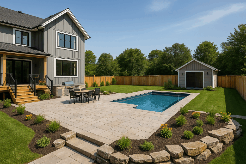 Spacious rural backyard with pool, patio, deck, outdoor kitchen, pressure-treated wood fence, and corner pool house—designed by ConstructionX, custom home builders in Durham Region.