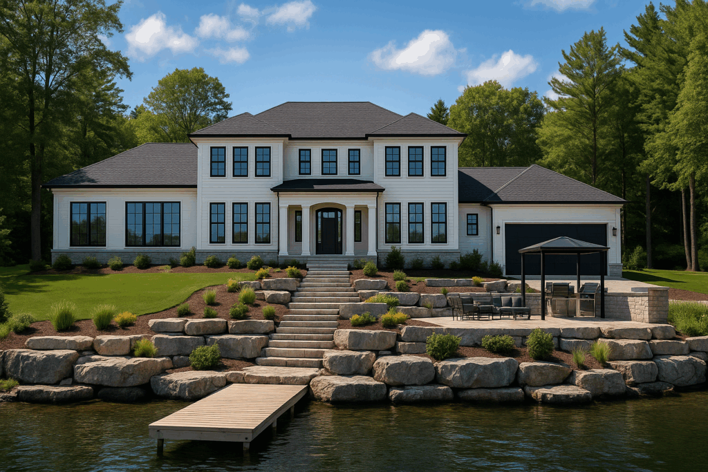 Modern colonial-style lakefront home with symmetrical layout, off-white cladding, large windows, Armour Stone landscaping, and tree-lined surroundings—built by ConstructionX, custom home builders in Simcoe County.
