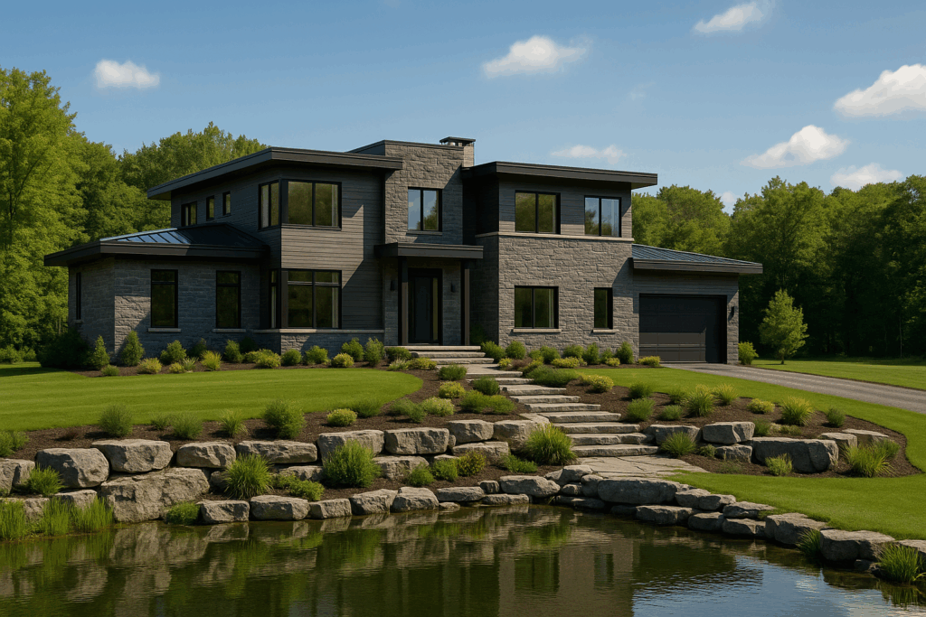 Modern Hamptons-style country estate with grey and dark stone exterior, large windows, symmetrical façade, surrounding trees, and a front-facing pond—built by ConstructionX, custom home builders in Simcoe County.