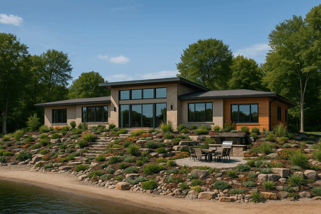 Mid-century modern lakefront home set 40 feet from shoreline with earth-tone cladding, large windows, stone patio, outdoor kitchen, rock garden, and beach—built by ConstructionX, custom home builders in Simcoe County.
