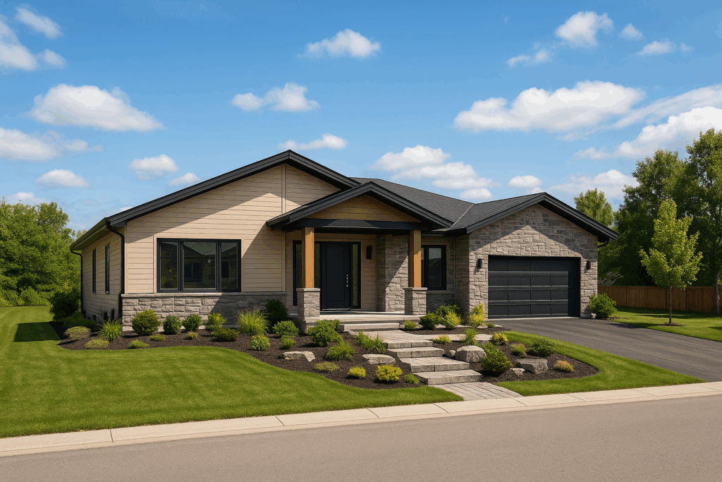Modern rural-suburban home with sandy steel siding, stone veneer, black window trim, attached garage, landscaped front yard, and paved driveway—built by ConstructionX, custom home builders in Simcoe County.